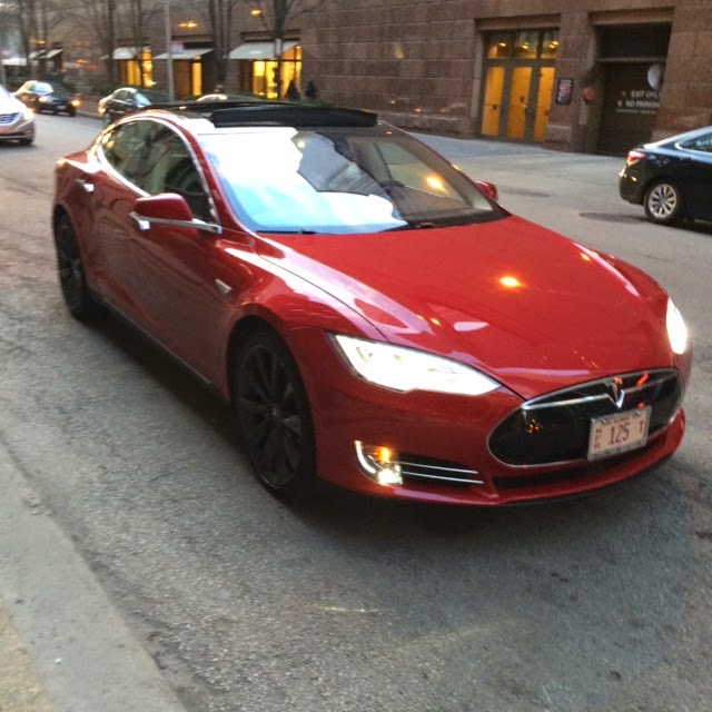 Red Tesla on the streets of Chicago