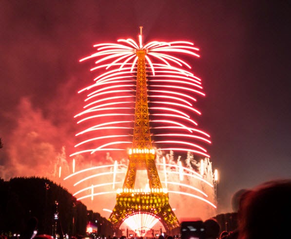 Eiffel Tower at night with fireworks