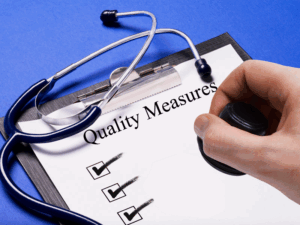 Clipboard with “Quality Measures” checklist and stethoscope