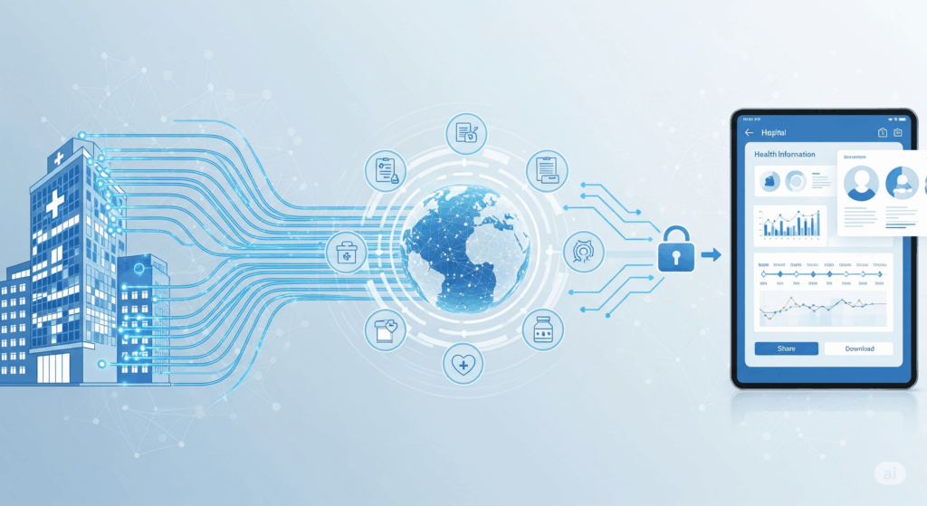 A modern, clean illustration depicting the secure digital flow of health information. On the left, a stylized hospital building represents an EHR system, with data streams extending to a central globe surrounded by health-related icons, symbolizing interoperability. A prominent padlock icon signifies data security as the information flows to a tablet on the right, which displays a user-friendly interface with health data, charts, and options to share or download.