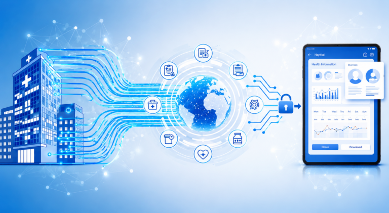Digital, theoretical image of data integration between electronic health record and personal health record