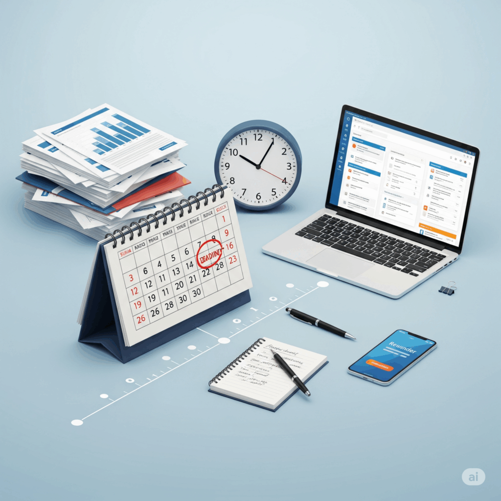 A business desk setup featuring a stack of documents with graphs, a blue analog clock, a desk calendar with a circled deadline date, a laptop displaying project management software, a pen and notebook, and a smartphone with a reminder notification, all set against a light blue background with a subtle timeline.