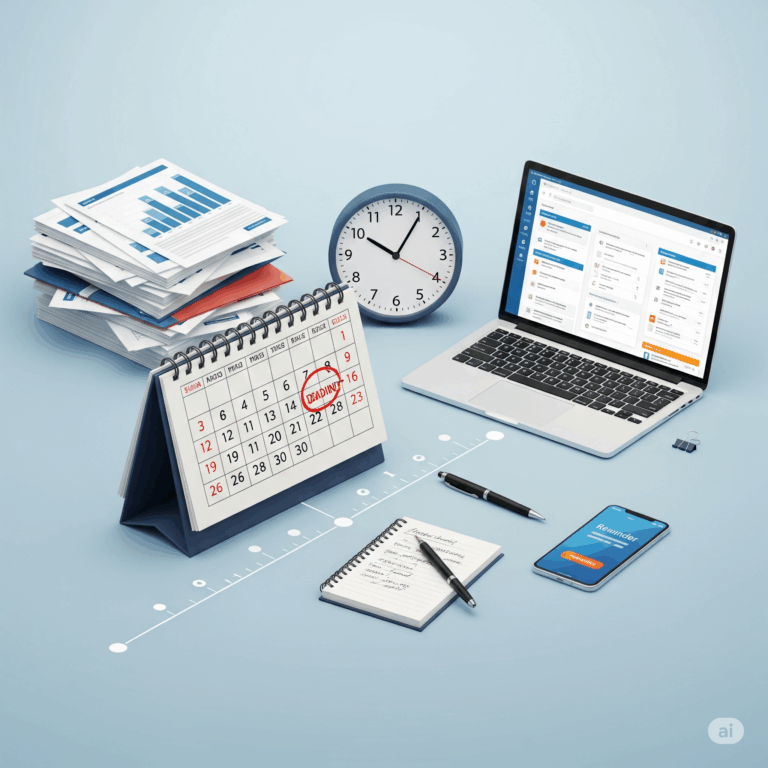 A business desk setup featuring a stack of documents with graphs, a blue analog clock, a desk calendar with a circled deadline date, a laptop displaying project management software, a pen and notebook, and a smartphone with a reminder notification, all set against a light blue background with a subtle timeline.
