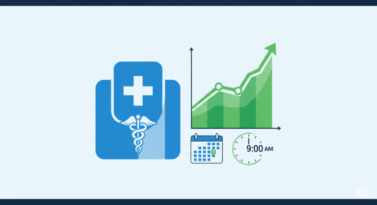 A simplified illustration depicting hospital quality reporting, featuring a blue medical building icon, a green upward-trending bar graph, a calendar icon with a highlighted date, and a clock set to 9:00 AM, all on a light blue background.