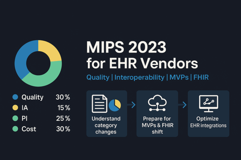 Infographic titled 'MIPS 2023 for EHR Vendors' featuring a pie chart showing MIPS category weightings—Quality (30%), IA (15%), PI (25%), and Cost (30%)—alongside a three-step flowchart: 1) Understand category changes, 2) Prepare for MVPs & FHIR shift, 3) Optimize EHR integrations. Emphasis on Quality, Interoperability, MVPs, and FHIR.