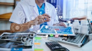Medicine doctor woman hand working with computer virtual dashboard as medical network concept Health care and medical. with VR icon