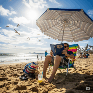 A man relaxes on a beach under a striped umbrella, sitting in a colorful beach chair and reading a large book titled "Federal Register." He’s surrounded by sand, a tropical drink with a straw, flip-flops, and a striped beach bag. People play near the ocean in the background, and seagulls fly overhead in a bright, sunny sky.