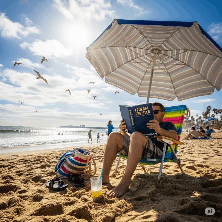 A man relaxes on a beach under a striped umbrella, sitting in a colorful beach chair and reading a large book titled "Federal Register." He’s surrounded by sand, a tropical drink with a straw, flip-flops, and a striped beach bag. People play near the ocean in the background, and seagulls fly overhead in a bright, sunny sky.