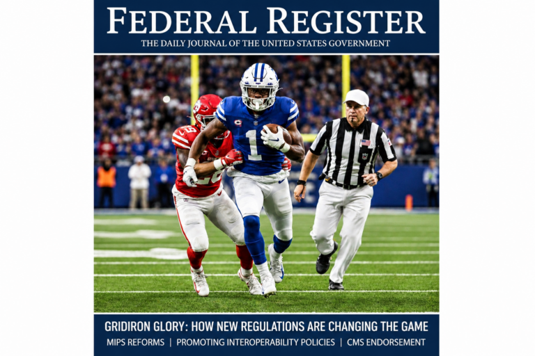 Featured image styled like a Federal Register magazine cover showing a football player breaking through defenders, symbolizing the competitive and evolving healthcare regulatory landscape discussed in the 2026 CMS MIPS Proposed Rule, including interoperability, quality reporting, and performance program changes.