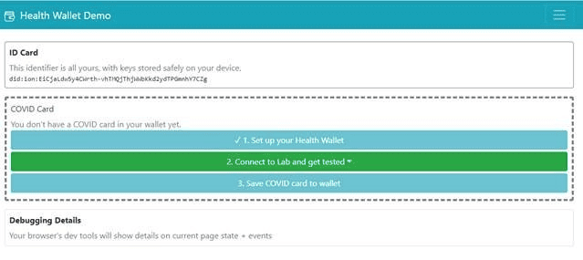 Health Wallet demo screen with ID card and COVID card setup steps